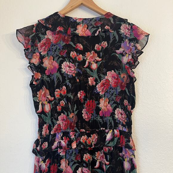 Paige Paradis 100% Silk Ruffle Floral Midi Dress M Dark Romantic Wedding Guest - Picture 6 of 13